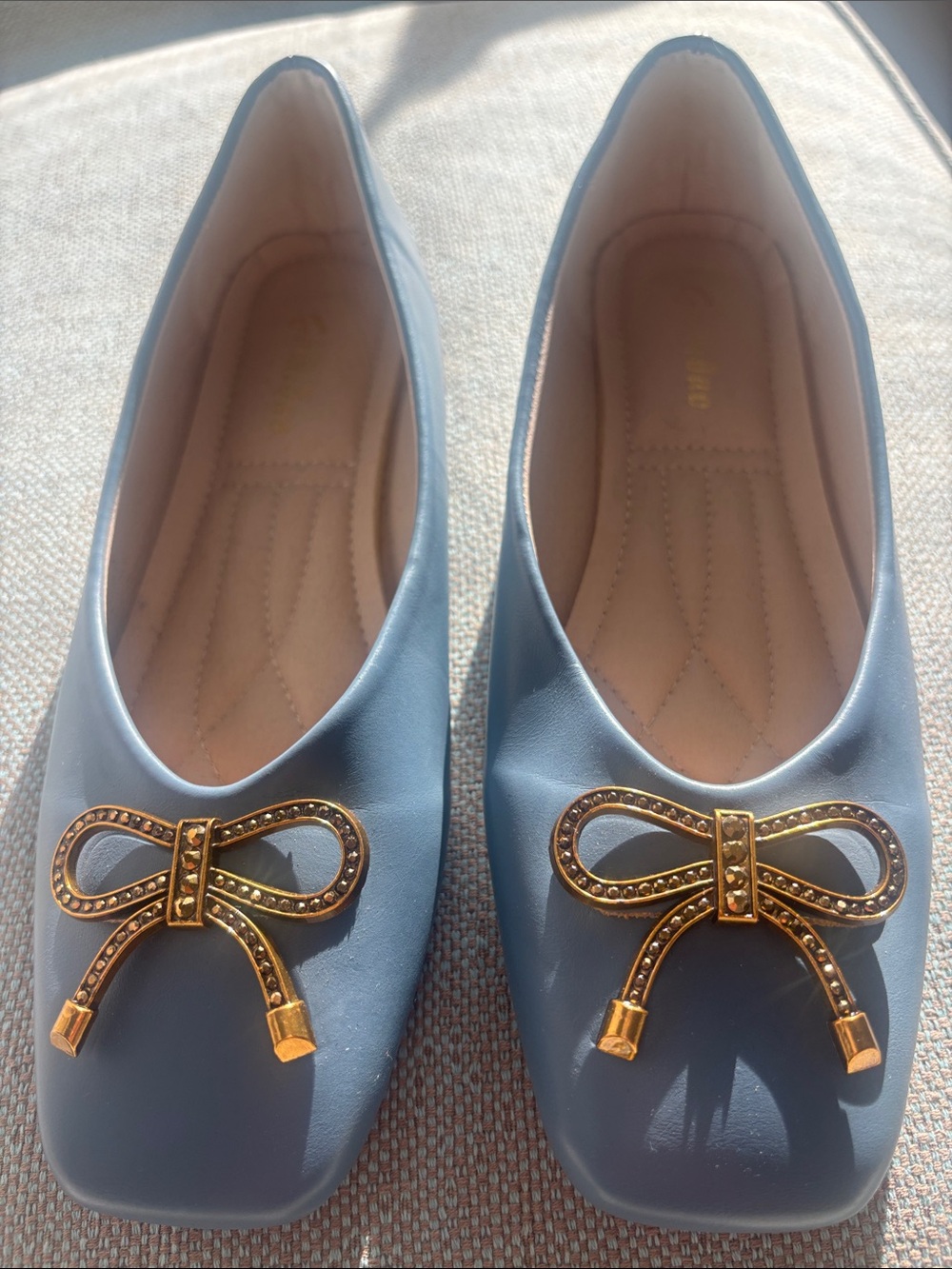 Women's Light Blue Bow-Embellished Ballet Flats